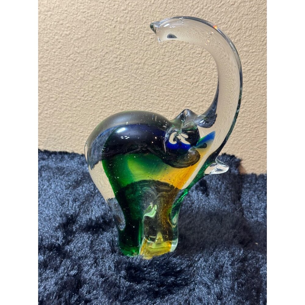 Vintage Glass Elephant Figurine10" Green & Amber Art Glass Decor - Picture 2 of 11